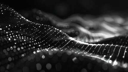 Fototapete - An abstract background with waves of dots and weave lines. A network of connections is shown.