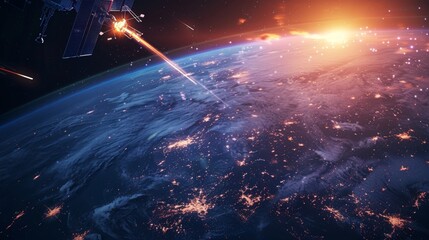 Fototapete - A futuristic black and blue background with an abstract modern. Satellites in orbit and rockets at high altitude. Plasma clots of energy shimmering with flickering particles. Technology and science.