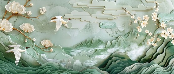 Wall Mural - The Crane Bird Vector. Japanese background with watercolor texture painting. Natural wave seamless pattern with ocean sea decoration banner design in vintage style. The Crane Bird Vector. Floral