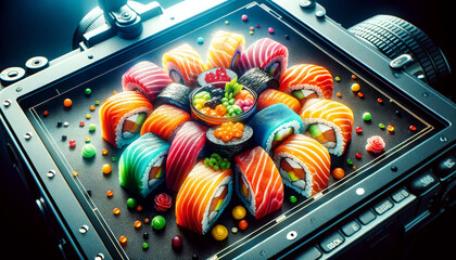 Wall Mural - Rainbow sushi rolls in vivid colors on camera screen, captured in professional setup, AI-generated.