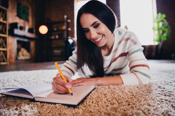 Canvas Print - Photo of shiny good mood lady dressed striped pullover lying floor writing thoughts copybook indoors house room