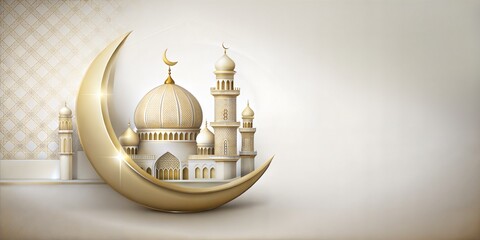 Wall Mural - Traditional islamic culture symbols on golden background with text area and golden lanterns against an arabic moon and stars, perfect for ramadan, eid mubarak and eid al adha celebrations