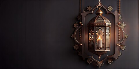 Wall Mural - Ornate islamic lantern illuminates a richly patterned backgroundwith text area, evoking the sacred spirit of ramadan and eid celebrations like eid mubarak and eid al adha, the feast of sacrifice