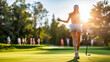 © apratim - A female golfer walks on a sunny golf course at sunset, carrying her clubs and ready to play.