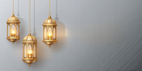 Wall Mural - Islamic lanterns glow warmly against a decorative background, symbolizing the holy months of ramadan and Eid al Adha for greetings, festive designs, and cultural representations