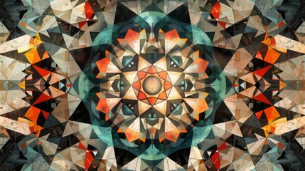 Fototapete - A detailed kaleidoscopic design with geometric shapes forming a symmetrical pattern in earthy tones.