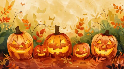 pumpkin patch flat design front view halloween theme water color monochromatic color scheme
