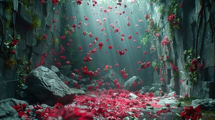 Canvas Print -   A red-filled cave adorned with various rock formations and flourishing plant growth on its sides