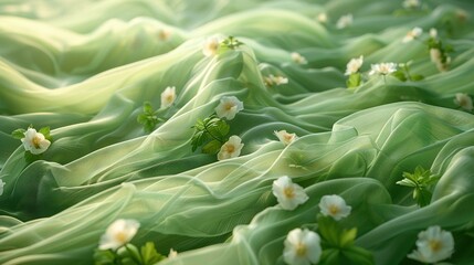   Green and white flower painting on a green fabric bed with white center