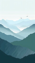 Sticker - Minimalist vertical poster with mountain landscape in calming shades of blue and green. 