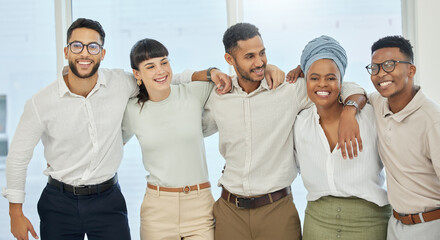 Wall Mural - Teamwork, business people and group portrait in modern office for solidarity with cooperation, happiness and hug. Collaboration, team building and copywriting staff in agency with smile and support