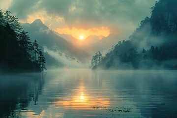 nature lake water mountains landscape forest morning fog sky travel mist beauty sunrise scenic trees view