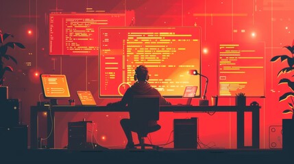 Programmer working on a computer in a dark room. Concept of programming and coding