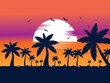 Evening on the beach with palm trees, Colorful picture for rest. Blue palm trees at sunset. Orange sunset in the blue and purple sky. Vector illustration