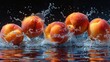   A collection of juicy peaches playfully dipping into water against a dark backdrop, with ripples spread across the calm surface