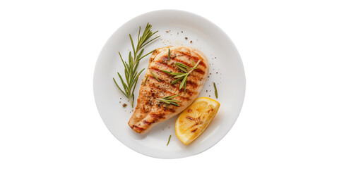 Chicken steak placed in a plate with a white background. Images are generated by AI