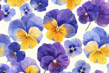 Canvas Print - Seamless pattern of vibrant purple and yellow pansies on a clean white background for design and decoration purposes