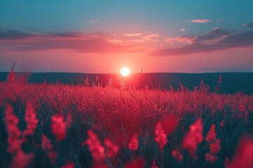 summer landscape field nature meadow red flower sunset sunlight sunrise sky poppy green beauty