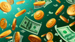 Falling green money bills and gold coins. 3D cartoon 