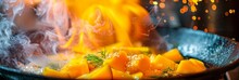 A Flaming Pan Sizzles With The Vibrant Hues Of A Mango Sticky Rice Dish, Exuding An Irresistible Aroma And An Exotic Allure That Transports You To The Heart Of Thai Street Food Culture. The Fiery