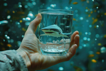 Wall Mural - Shark in a Glas of water. Surreal Underwater Illusion for Creative Projects