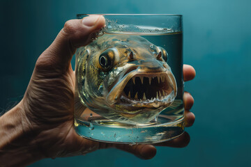 Wall Mural - Piranha in a Glas of water. Surreal Underwater Illusion for Creative Projects