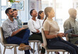 © peopleimages.com - People, learning and audience listening in office, meeting or attention in seminar for training. Corporate, knowledge and coaching group of employees in workplace with info on technology or growth