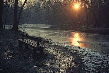 Wall Mural - nature landscape river water forest tree winter season outdoors sunset ice snow park cold reflection lake beauty