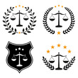 Illustration of a set of justice symbols with laurel on a white background.