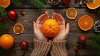Female hands with peeled orange and Christmas decoration