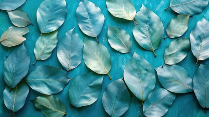 Wall Mural -   A zoomed-in image of numerous leaves on a blue background with water drops adorning the foliage
