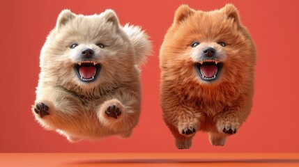 Wall Mural - Adorable dogs full of infectious joy on a red background.