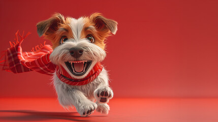 Wall Mural - An adorable dog wearing a red scarf is full of infectious joy on a red background.