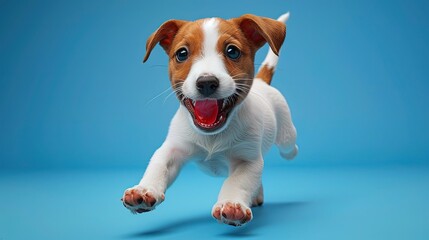 Wall Mural - An adorable dog full of infectious joy on a blue background.