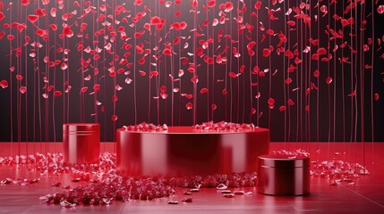 Sticker - Elevate your display game with a striking red product podium set against a sleek backdrop adorned with delicate rose petals gently cascading This luxurious presentation is tailor made for s