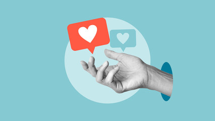 achieving fame and reaching followers. hand with like reaction. interaction in social networks and s