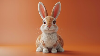 Wall Mural - Adorable bunny 3d character full of infectious joy on orange background