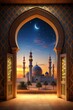 © Pavel - Islamic celebration background with Mosque adorned with lights, seen through an ornate arch during the night of the holy month for islamic holidays like ramadan, eid al fitr, and eid al adha