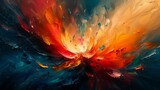 Fototapeta  - The image is an abstract painting. It is full of bright colors and energy. The painting seems to be a depiction of a supernova.