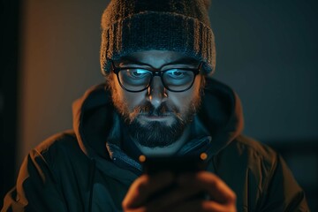 Focused man holding smartphone, engrossed in screen, technology, communication, connection, digital, mobile