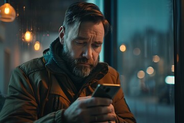 Focused man holding smartphone, engrossed in screen, technology, communication, connection, digital, mobile