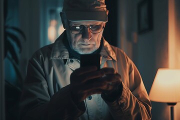 Focused man holding smartphone, engrossed in screen, technology, communication, connection, digital, mobile