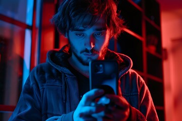 Focused man holding smartphone, engrossed in screen, technology, communication, connection, digital, mobile
