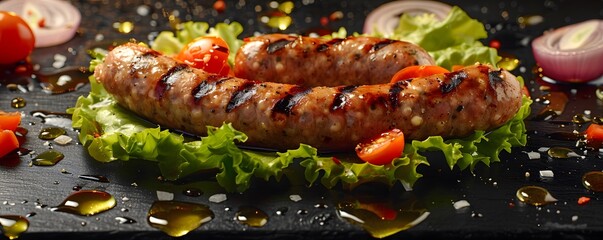 Mouthwatering hotdog sausages, expertly cooked and kept warm, topped with crisp lettuce, ripe tomatoes, aromatic onions, and vibrant peppers