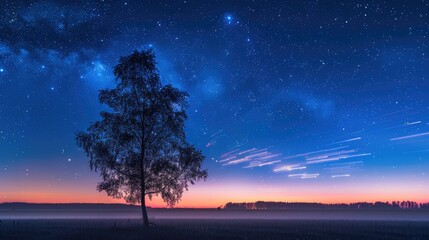 On the enchanting night of the summer solstice in Finland a mesmerizing scene unfolds a star studded sky adorned with ethereal noctilucent clouds and drifting fog above a tranquil field Sta