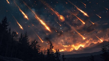 Wall Mural - meteorites from asteroids streaking across the daytime sky leaving behind fiery trails like falling 