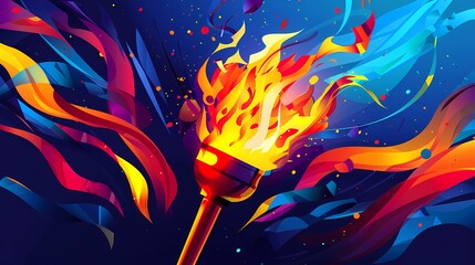 Olympic torch in colorful and dynamic shapes, background of sports competitions