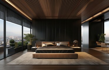 Wall Mural - Sleek bedroom with black walls, wooden ceiling and floor, beige bed set against grey carpeting, large windows showing a cityscape