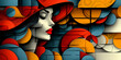 A vibrant painting of a woman in a red hat on a graffiticovered wall