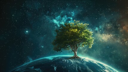 Poster - Embrace the concept of a lush green planet symbolizing ecology where a magnificent tree stands against the cosmic backdrop of space Let s strive to make our Earth a greener place